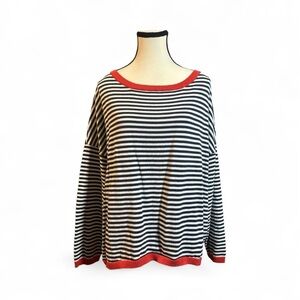Chic Navy and White Striped Sweater with Orange Accents